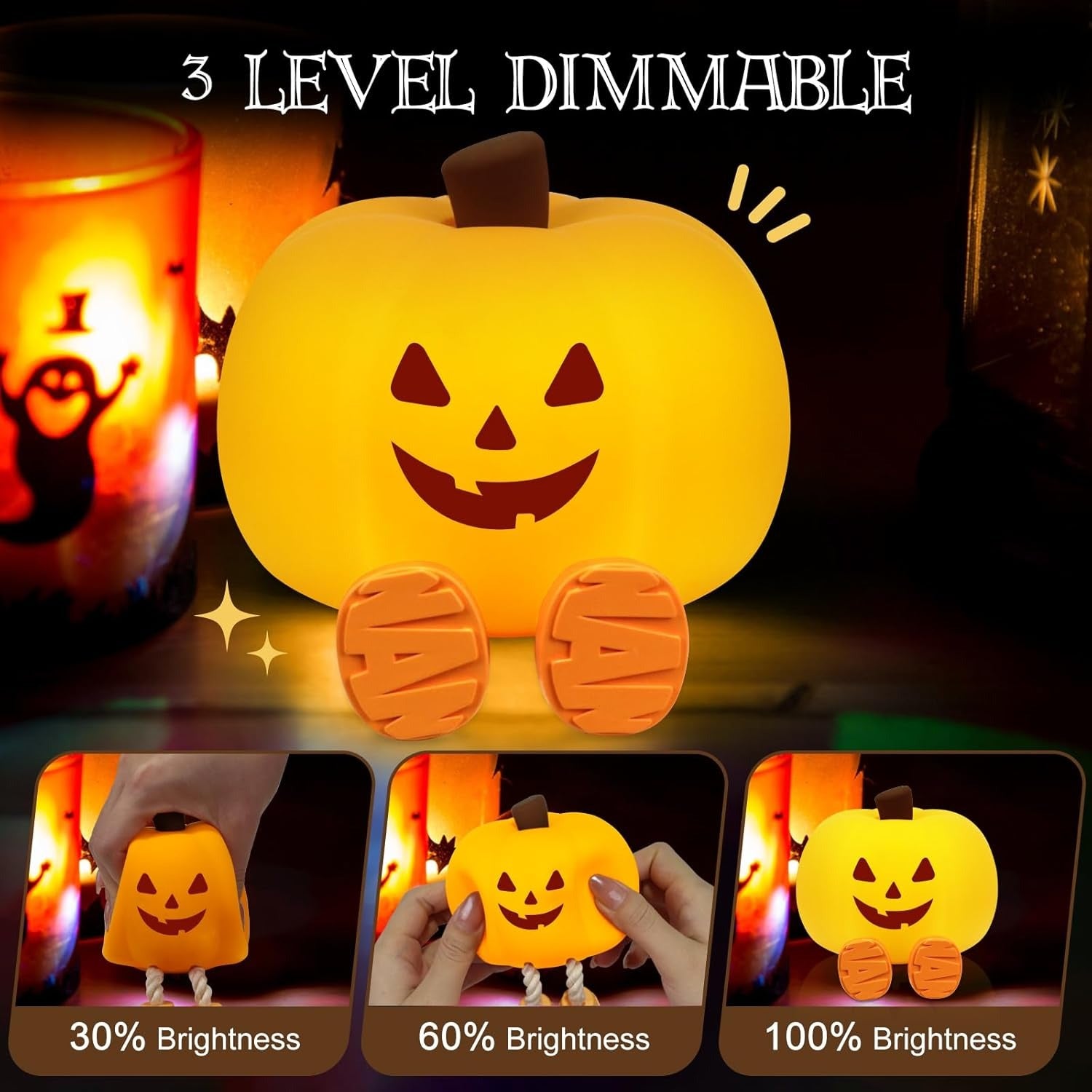 Halloween-themed pumpkin light with dimmable feature